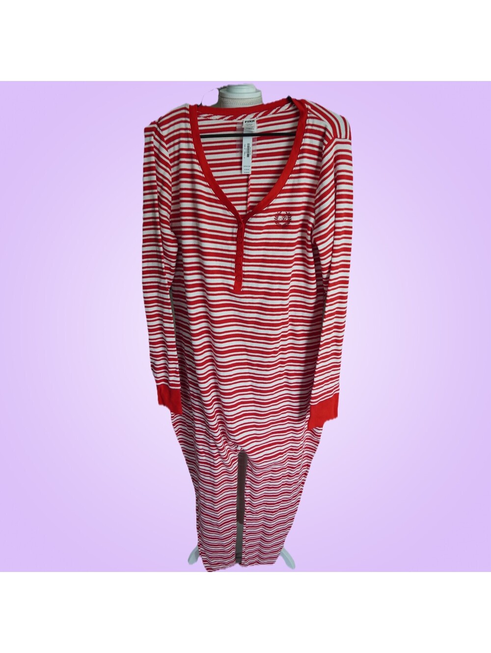 Victoria's Secret PINK Red White Striped Waffle Knit One Piece Pajama XL